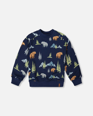 Pullover Fleece Sweatshirt Navy Animal Print - H20U37_030