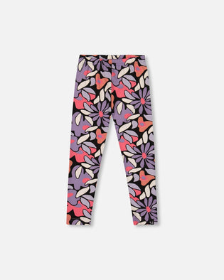 Stretch Jersey Leggings Black Retro Flower Print - H20Z61_013