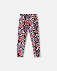 Stretch Jersey Leggings Black Retro Flower Print - H20Z61_013