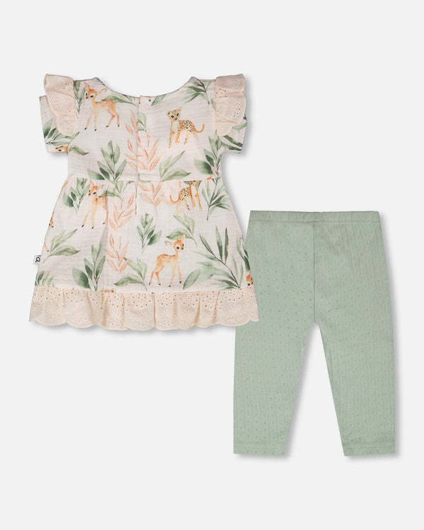 Muslin Tunic And Pointelle Leggings Set Peach Deer Print & Green - H30A10_3H057