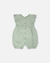 Cotton Pointelle Jersey Romper With Frills Green