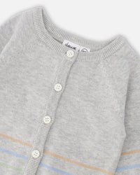 Cotton Knit Striped Button Front Cardigan Light Heather Grey - H30BT31_01910