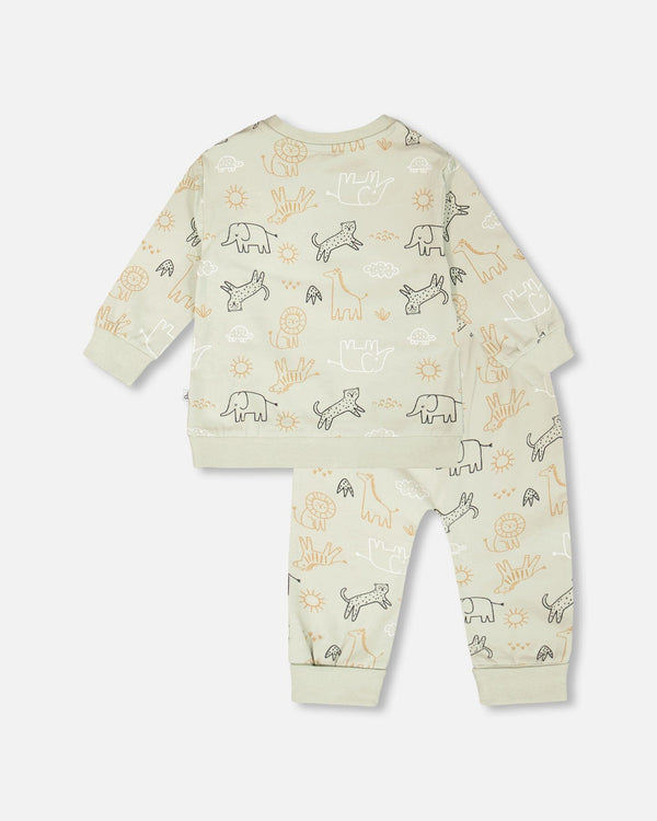 Organic Cotton Jersey Sweater And Pants Set Sage Green Animal Print Sets Deux par Deux 