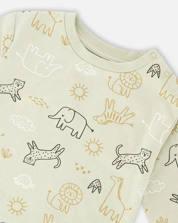 Organic Cotton Jersey Sweater And Pants Set Sage Green Animal Print Sets Deux par Deux 