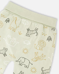 Organic Cotton Jersey Sweater And Pants Set Sage Green Animal Print Sets Deux par Deux 