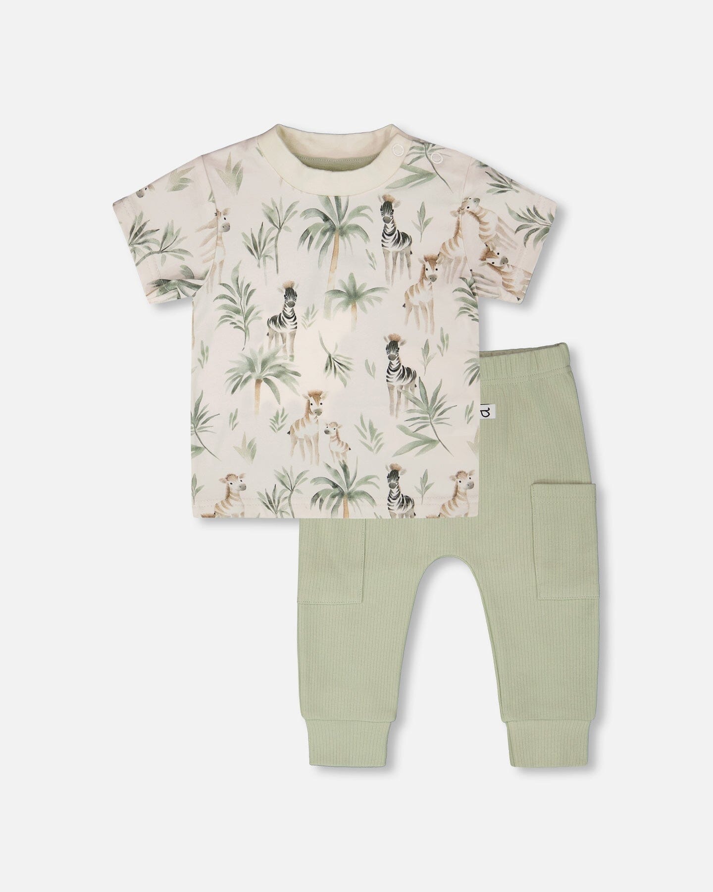 Organic Cotton Jersey T-Shirt And Cotton Rib Pants Set Beige Zebra Print And Sage Green - H30C14_3H054