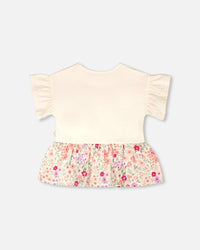 Organic Cotton Bi-Material Tunic Beige Flowers Print - H30F71_01070