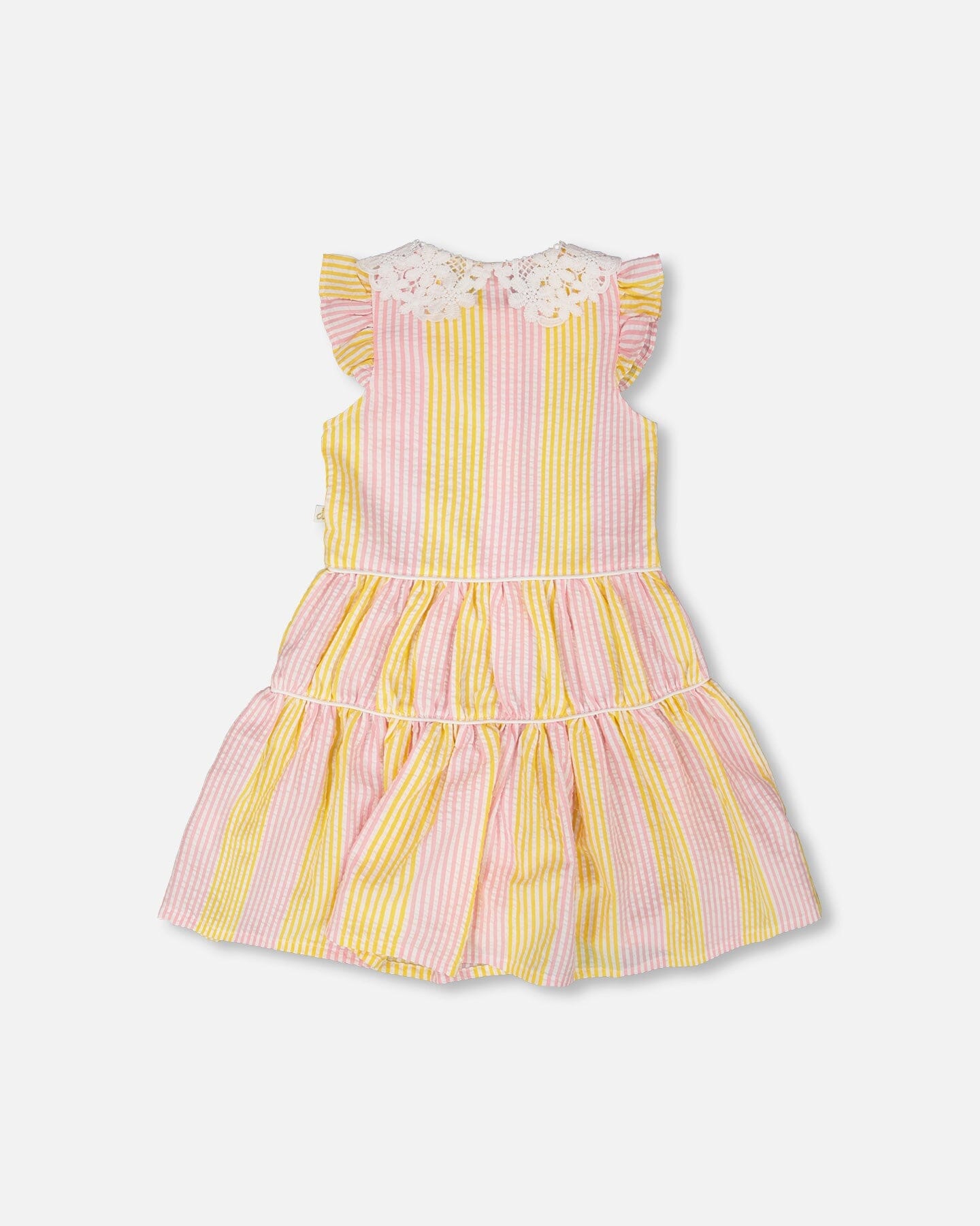 Sleeveless Dress With Crochet Peter Pan Collar Pink And Yellow Stripes - H30I85_3H137