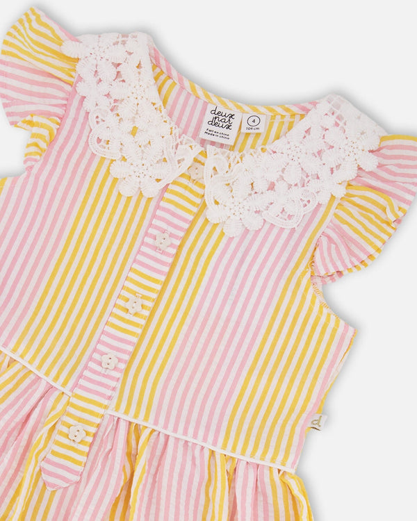 Sleeveless Dress With Crochet Peter Pan Collar Pink And Yellow Stripes - H30I85_3H137