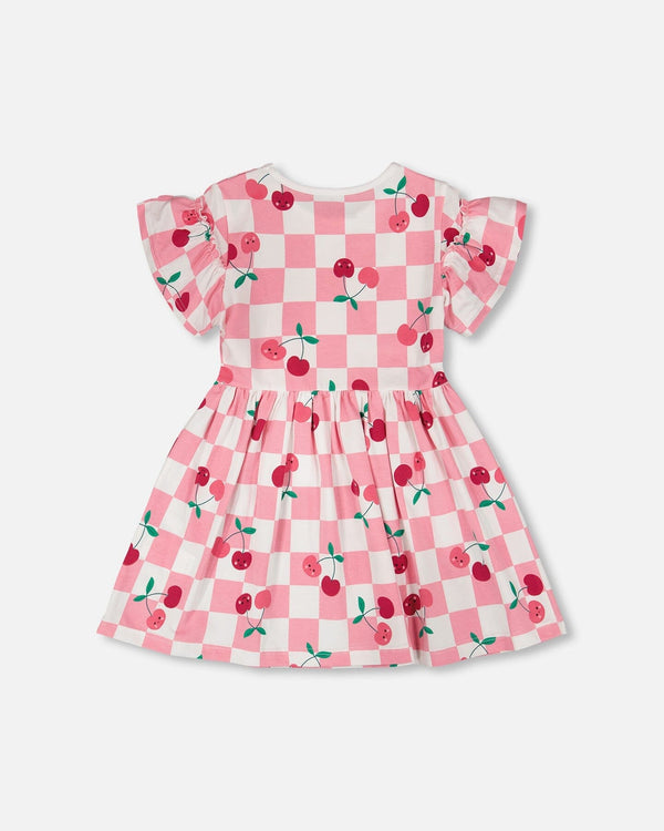 Organic Cotton Jersey Dress Pink Printed Cherries - H30L85_3H140