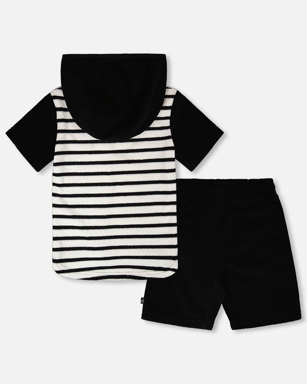 Hooded Terry T-Shirt With Shorts Set Black And White Stripes - H30OB12_04810