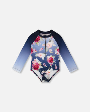 One-Piece Long Sleeve Rashguard Blue Rose Print - H30OG20_3H144