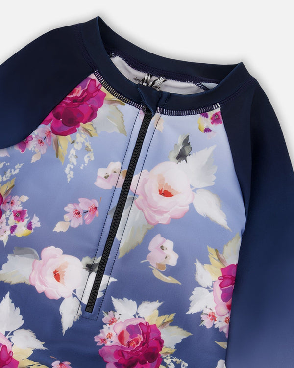 One-Piece Long Sleeve Rashguard Blue Rose Print - H30OG20_3H144