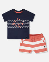 Organic Cotton T-Shirt And Short Set Blue And Brick Stripes