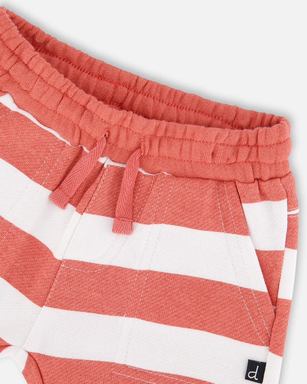 Organic Cotton T-Shirt And Short Set Blue And Brick Stripes - H30T10_04840