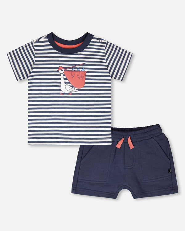 Organic Cotton T-Shirt And Short Set Blue Stripes And Blue - H30T10_3H104