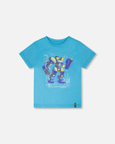Organic Cotton Jersey T-Shirt With Print Sky Blue