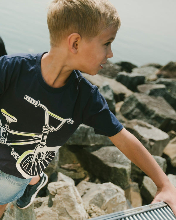 Organic Cotton Jersey T-Shirt With Bike Print Dark Blue - H30U79_04810