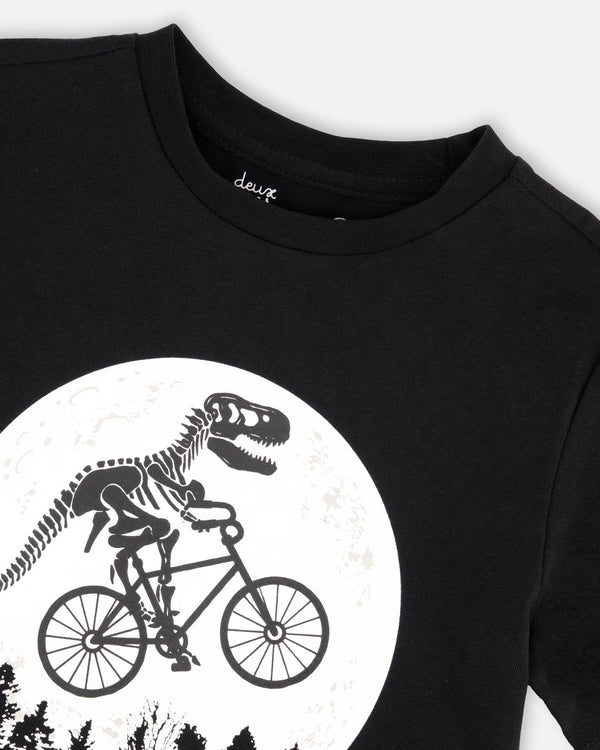 Organic Cotton Jersey T-Shirt With Dino On Bike Print Black - H30U79_09990