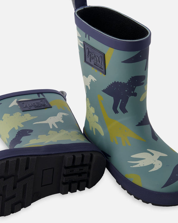 Rain Boots In Natural Rubber Green Dinosaur Print - H30WB10_3H028