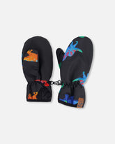 Mid-Season Mittens In Recycled Polyester Black Dinosaur Print